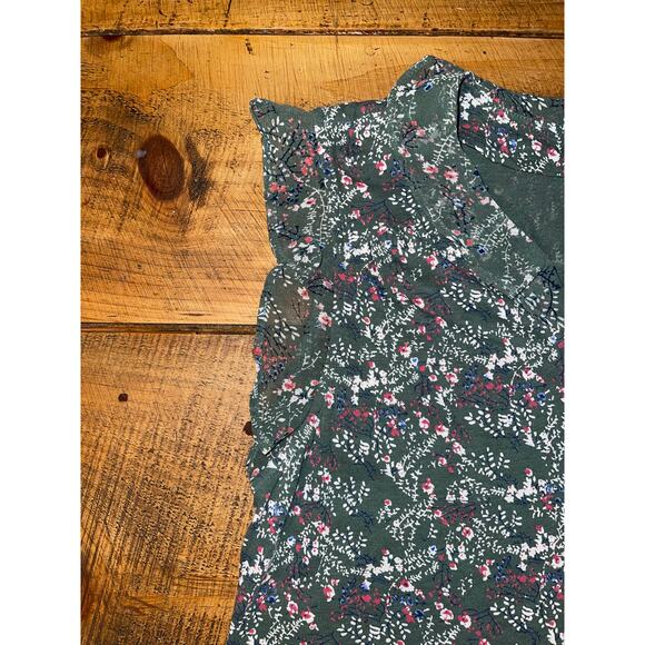 Womens Lucky Brand Olive‎ Green Floral Sheer Cap Sleeve Blouse Size L - Picture 5 of 8